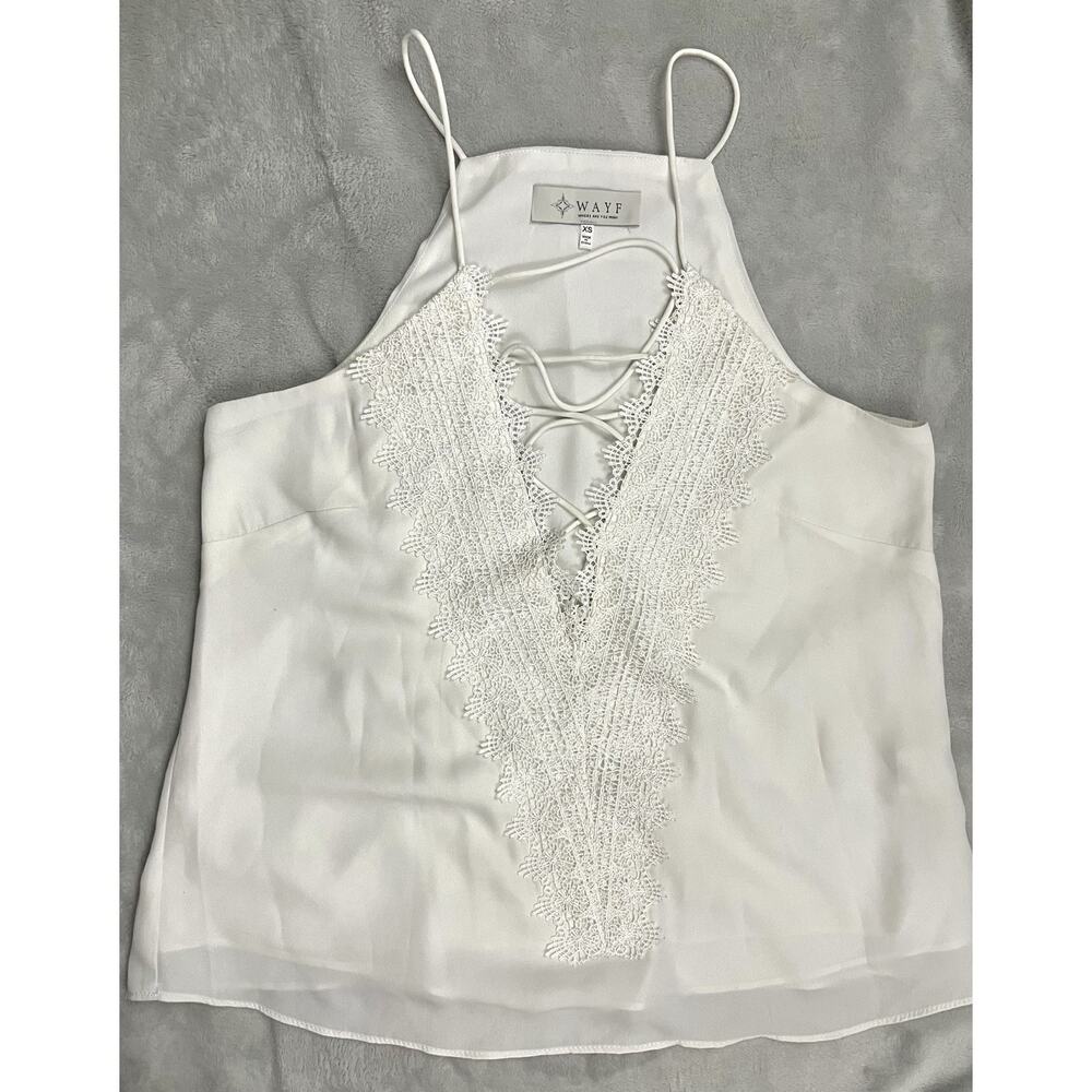 WAYF Classic White Posie XS Low Cut Lace Up Sleeveless Top Lace Trim Romantic